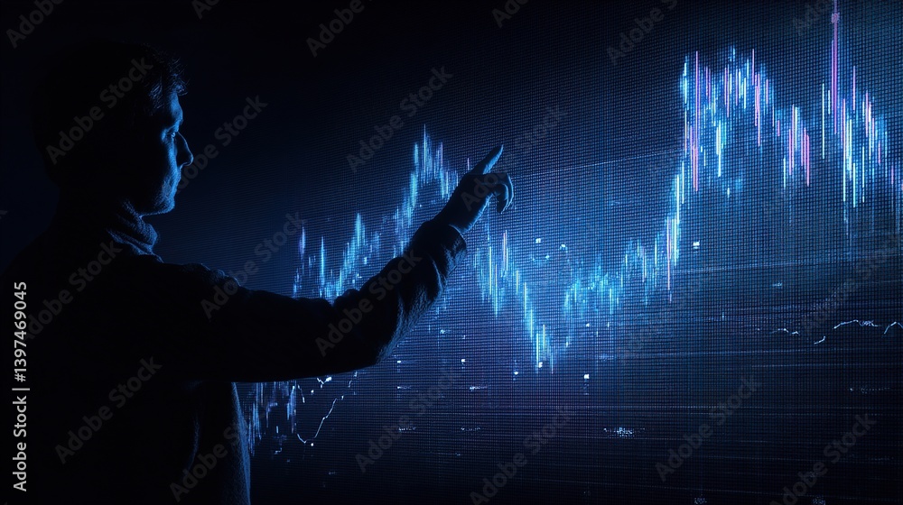Poster silhouette of financial expert pointing at data visualization graph