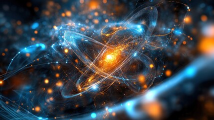 Obraz premium Abstract Atom: A vibrant digital artwork depicting the structure of an atom, with swirling energy and bright colors.