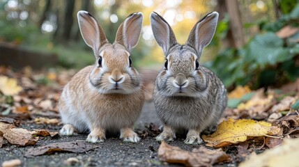Fototapeta premium Two Rabbits Sitting on a Path - Peaceful Outdoor Setting with Green Grass and Natural Lighting