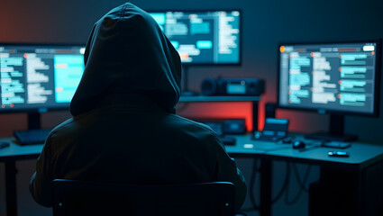 Step into a high-tech hacker workspace designed for cinematic projects, digital content creation, and futuristic design needs. This realistic hacker scene features a dark and moody environment,