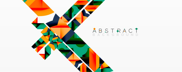Obraz premium Geometric shapes overlap, creating dynamic abstract design. Orange, green, blue hues dominate white space. Modern aesthetic, suitable for backgrounds, presentations.