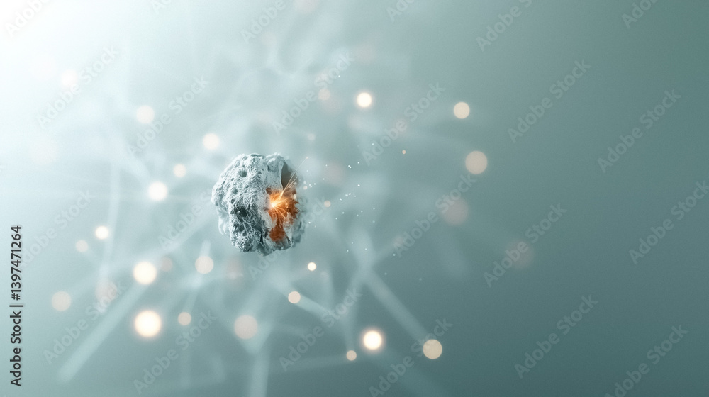 Poster cellular fusion: an abstract depiction of a cell with a bright core amidst a network of interconnect