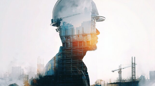 Double Exposure of Engineer Silhouette Over Construction Background