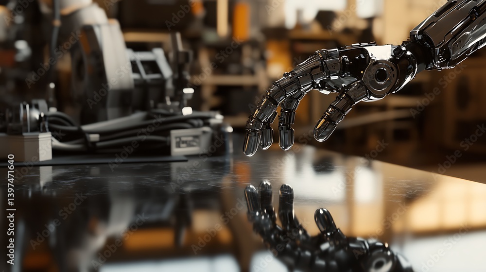 Poster a close-up of a robotic hand reaching out toward a reflective surface in a modern workshop filled wi