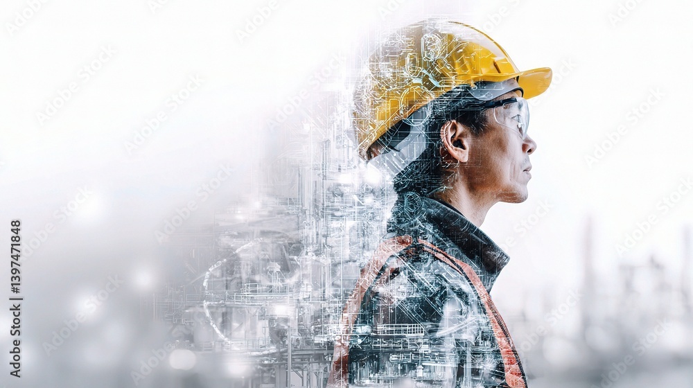 Poster industrial worker in factory setting with layered background
