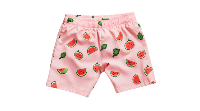  A pair of light pink swim shorts with a small watermelon pattern on a Transparent background PNG