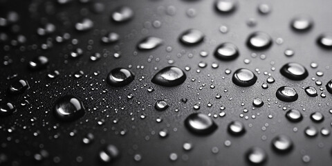 Close-up of water droplets on a dark surface. Macro photography showcases the texture and detail of the water.