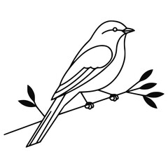 Silhouette of a Bird on a Branch with Leaves Isolated on White Background