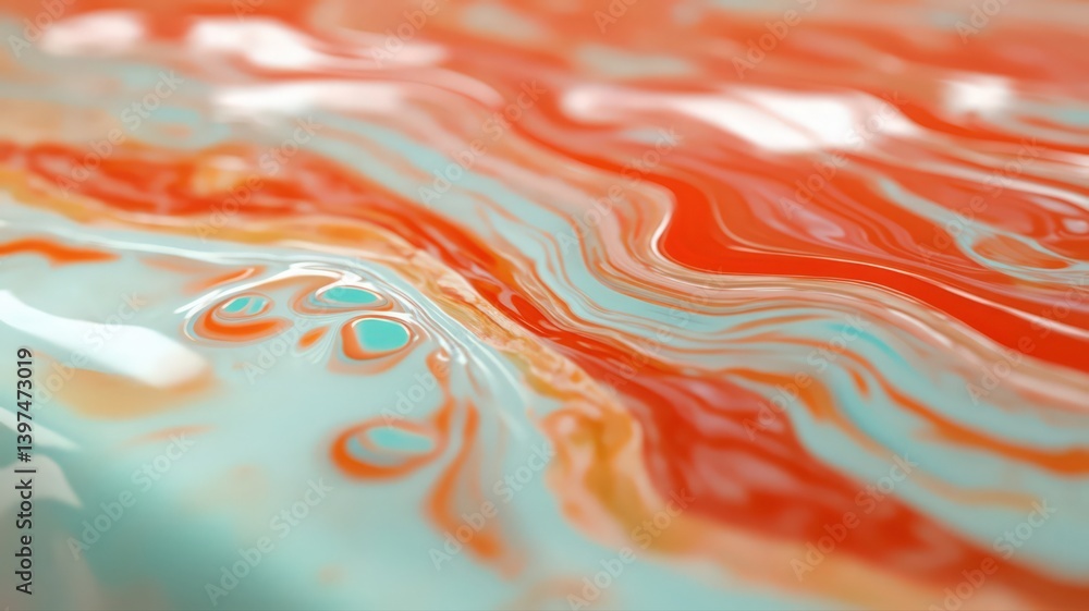 Poster vibrant swirling abstract pattern featuring red orange and teal colors on a glossy textured surface 