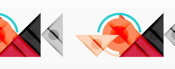 Abstract geometric shapes overlap, creating dynamic compositions. Orange, red, black, gray, turquoise hues present modern design elements. Minimalist aesthetic, clean lines define visual impact.