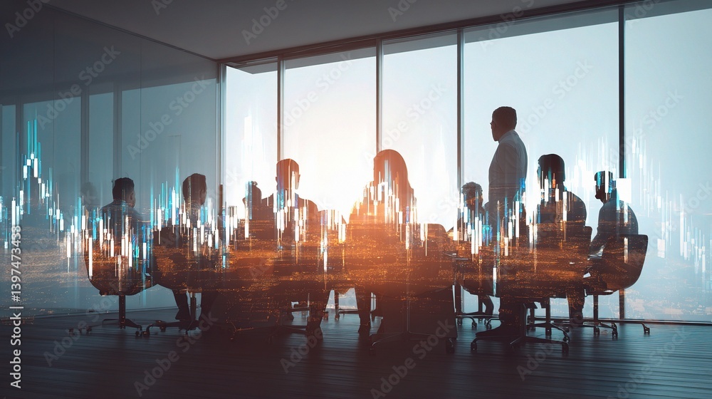 Poster colleagues collaborating around boardroom table with data visuals