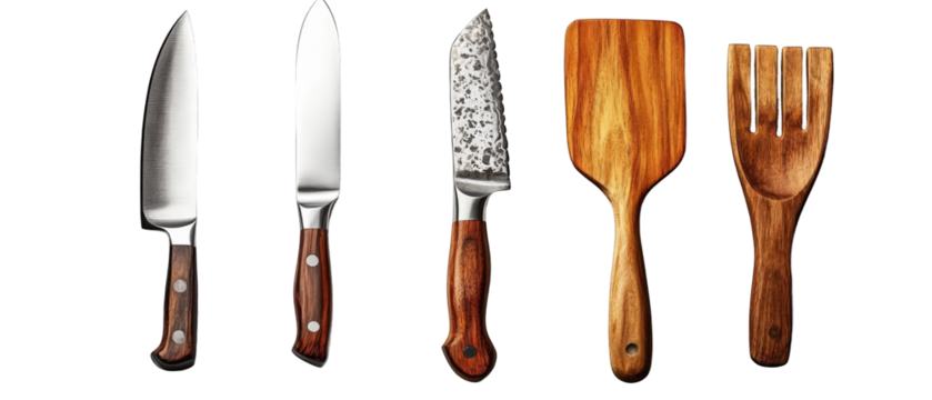 A collection of five kitchen utensils including knives and a wooden spatula on a white background