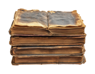 Ancient books stacked library rustic isolated on transparent background, png