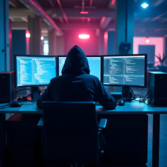 Step into a high-tech hacker workspace designed for cinematic projects, digital content creation, and futuristic design needs. This realistic hacker scene features a dark and moody environment,