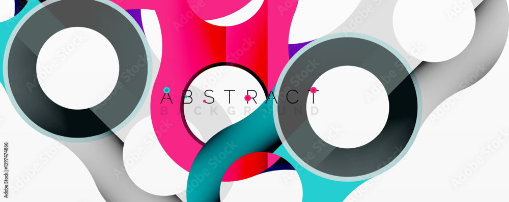 Poster dynamic composition featuring overlapping circles, lines. vibrant pink, teal, gray hues create moder