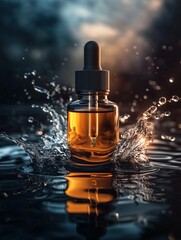 Luxury hydrating facial serum bottle with pipette dropper and refreshing water splash for glowing skin