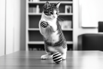 Playful Black and White Cat Standing on Hind Legs with Striped Ball, Bookshelf Background