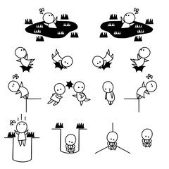 アクシデントが起こる不運な白黒で可愛いミニキャラのセット