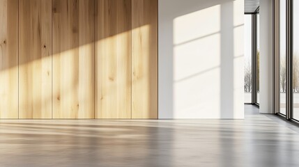 Fototapeta premium Spacious empty room interior: white oak walls, light gray concrete floor, minimalist design, no furniture