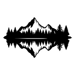 Majestic Mountain Lake Reflection Scenic View Black and White Illustration