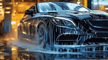 Luxury car undergoing professional cleaning at a state-of-the-art automated car wash