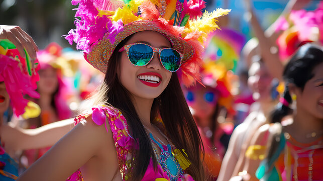 Sinulog Festival, a colorful parade with participants dressed in bright traditional Filipino costumes, dancing energetically on the main street. AI generated images.