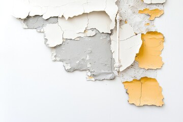 White and yellow peeling paint fragments on aged surface revealing layered damage and weathered texture creating grungy minimal abstract distressed wall background