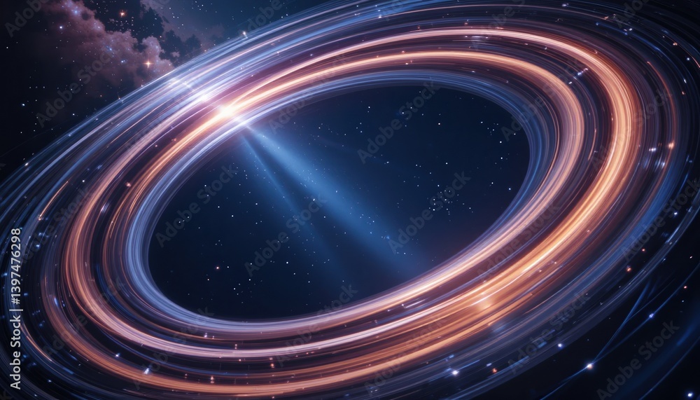 Poster exploring cosmic phenomena stellar rings outer space digital art sci-fi environment wide-angle view 