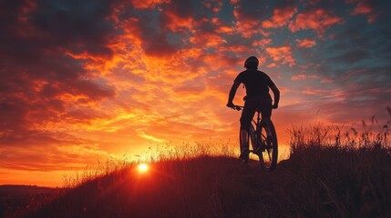 Fototapeta premium Sunset Mountain Biking: Silhouette of Cyclist at Golden Hour