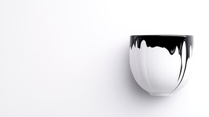 A white ceramic cup with black dripping paint on its rim, isolated on a clean white background, and modern minimalist art concept.