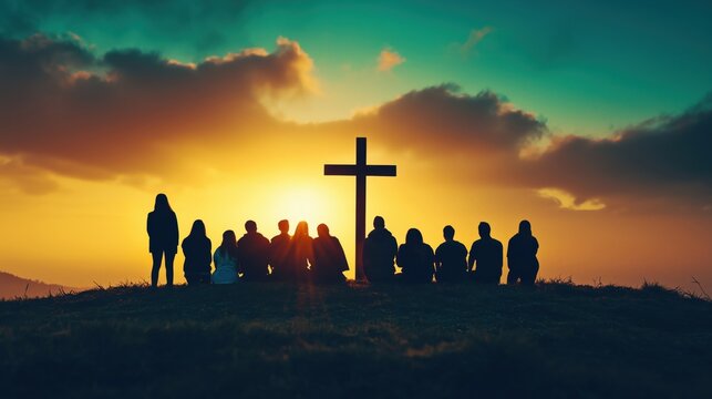 Diverse group of people praying together on a hilltop at sunrise with a christian cross silhouette
