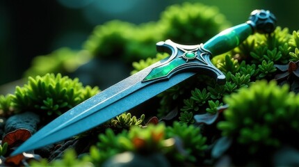 Obraz premium Enchanted green and silver dagger resting amidst lush moss in sunlight.