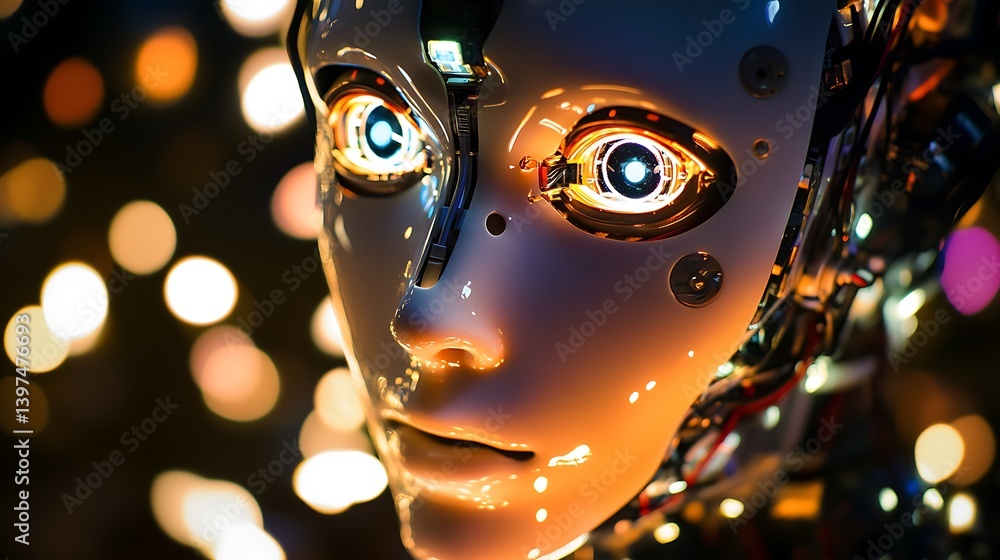 Poster close-up of a futuristic humanoid robot with luminous eyes surrounded by an abstract blurred backgro
