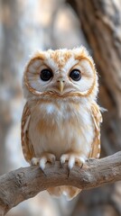 Obraz premium Adorable baby owl perched on a tree branch at sunrise, wildlife photography