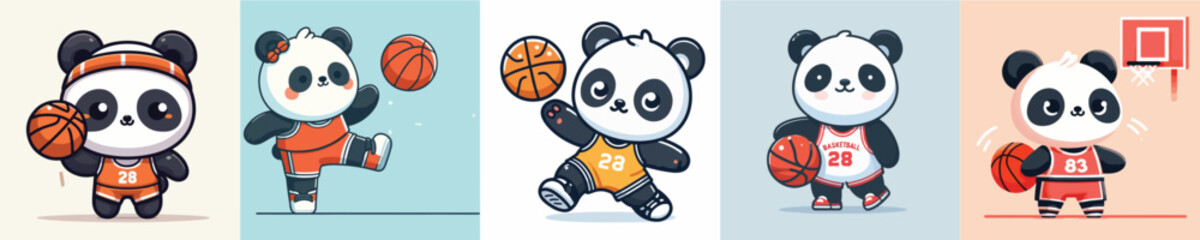 cute panda vector collection playing basketball