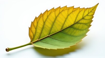 Close-up of a vibrant green and yellow leaf with detailed veins. Ecology Logo . Symbol of nature conservation. Recyclable
