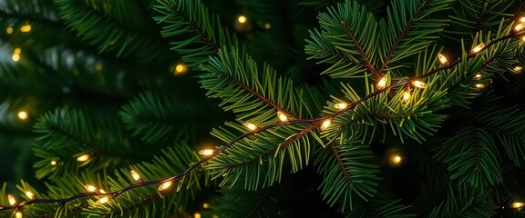 Obraz premium Delicate fairy lights garland twinkles amongst lush green Christmas tree branches, festive winter decorations, glow, festive, pine
