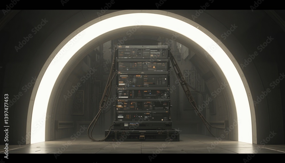 Poster high-tech data center operations futuristic facility digital infrastructure enclosed environment sym