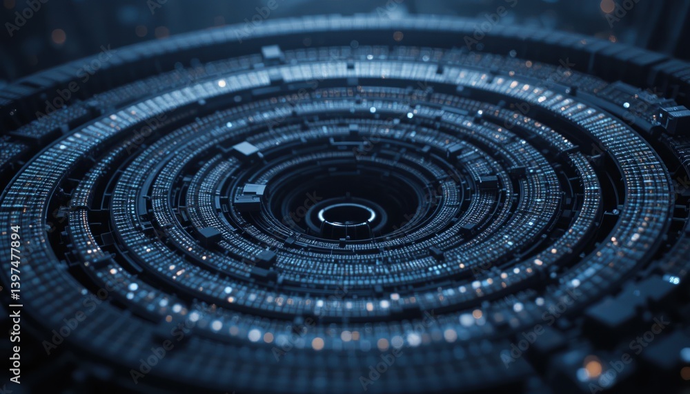 Poster exploring the depths of digital innovation a close-up view of circular circuitry in a futuristic tec