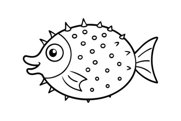 A line art drawing of a chubby pufferfish with small fins and big round eyes.eps