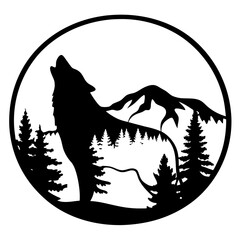 Majestic Wolf Howling at the Moon in a Mountainous Forest Silhouette Art