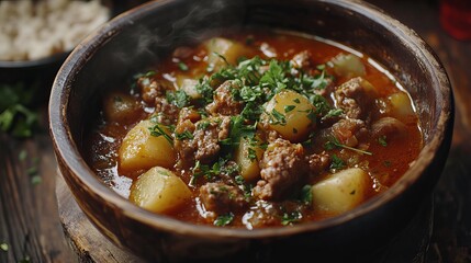 Close up of a wooden bowl filled with beef and potato stew garnished with fresh parsley leaves