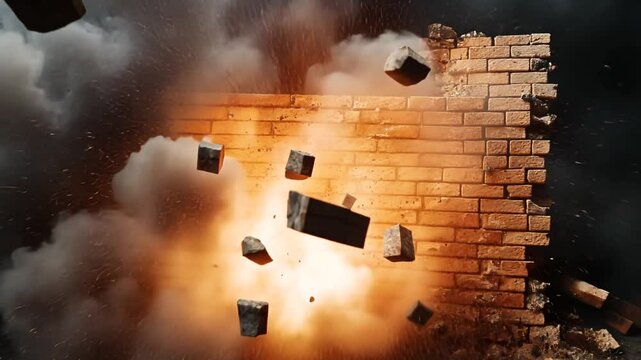 Slow motion brick wall explosion with dust and debris, construction demolition footage