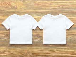 Two white blank t shirts presented on a wooden textured surface
