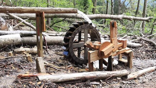 Water wheel at Ammerschlucht canyon in Bavaria, Germany, high definition clip