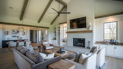 Interior design of modern living room in farmhouse with vaulted ceiling..