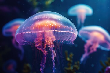 Glowing Jellyfish in the Deep Sea: Illuminated ethereal jellyfish with long tentacles swimming gracefully underwater. Marine wildlife, ocean life.