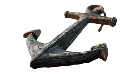 Black metal boat anchor lying on sand with transparent background