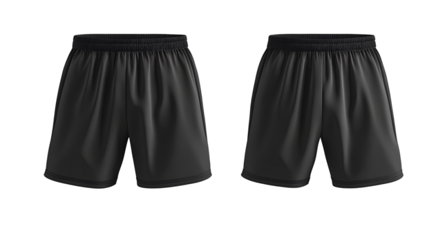  Black sports shorts mockup template with front and back view isolated on a Transparent background PNG