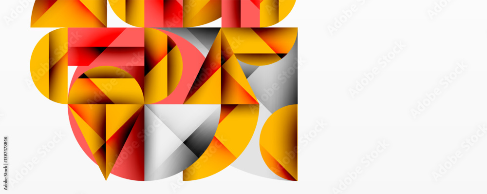 Aufkleber Abstract geometric composition. Overlapping shapes create dynamic visual effect. Warm reds, yellows contrast with cool grays, whites. Modern design element.